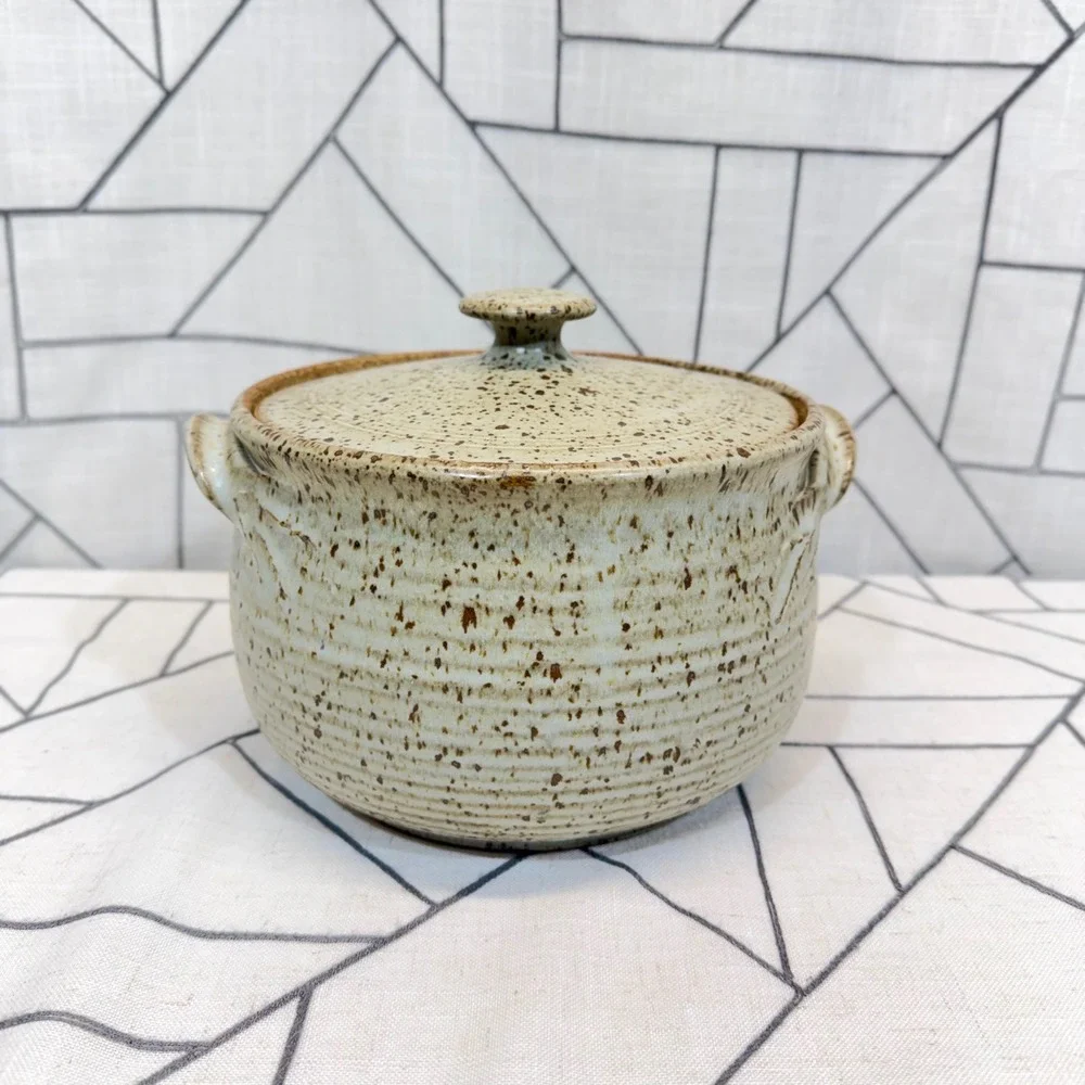 Crocker Nauvoo Studio Pottery Lidded Bean Pot 8in Tan Sun Face Celestial Signed